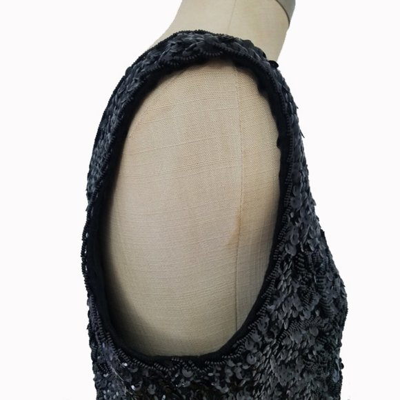 Vtg 60s Black Wool Sequined Hand Beaded Top M - Picture 6 of 10